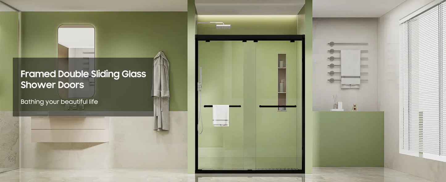 Shower Door tempered Glass 3/8" thickness 60Wx76"H Black MS1 SEEWIN USA INC. Framed double sliding glass shower door with sleek matte black frame and soft-close mechanism, featuring the label "Framed Double Sliding Glass Shower Door"