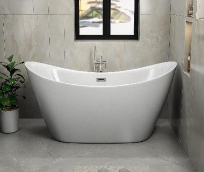 BSM-7112 White Acrylic Freestanding Soaking Bathtub – 67 x 30 x 26 inches, modern curved design, in-store only at Plano showroom