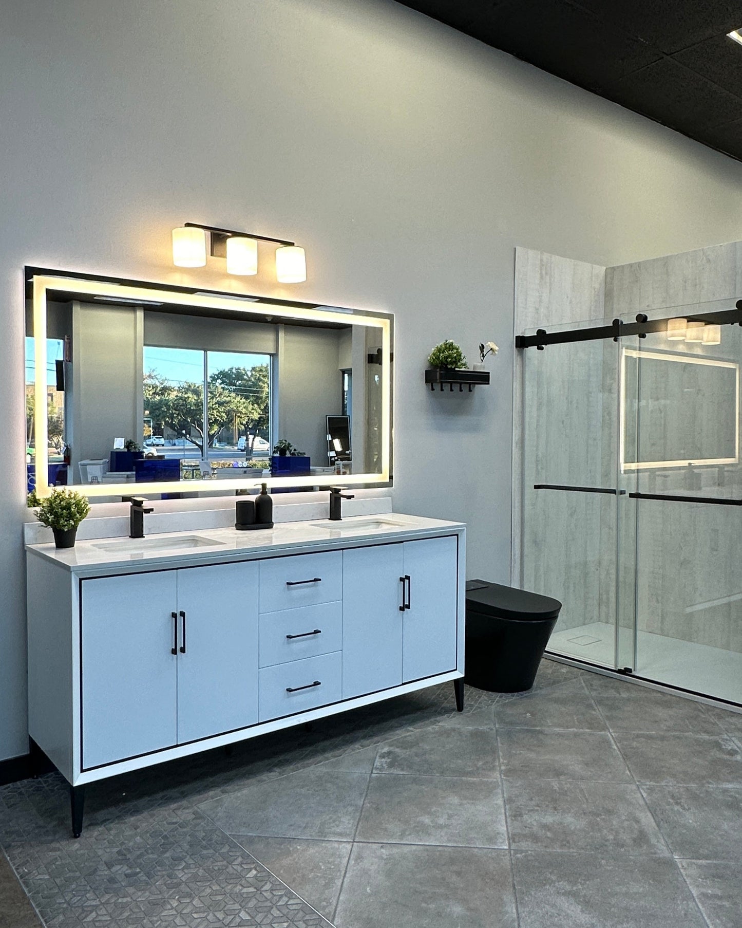 Modern mirror with soft white LED setting