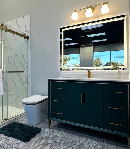 Modern double-sink bathroom vanity with storage drawers