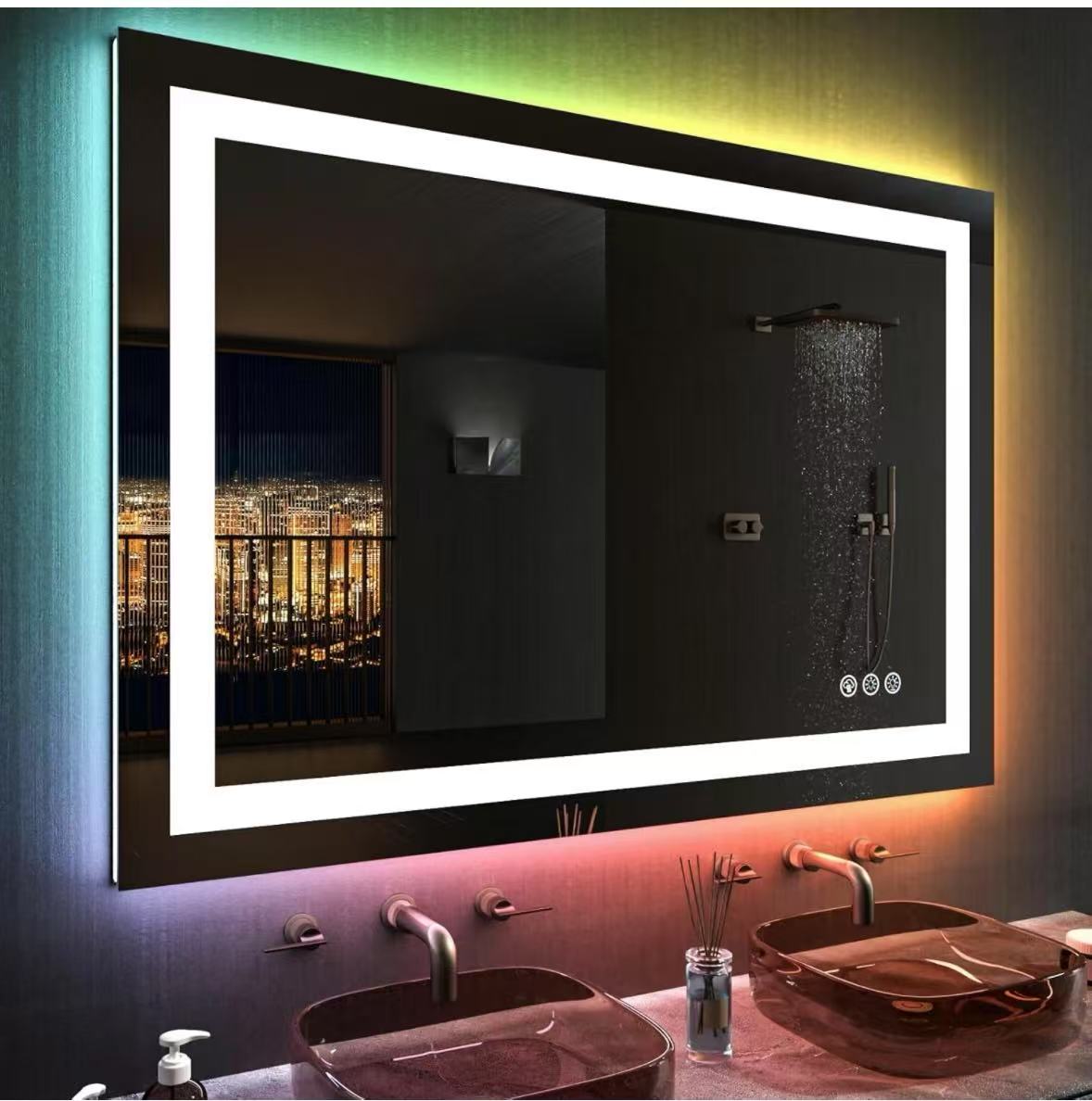 Modern bathroom mirror with RGB LED lighting, offering customizable color options